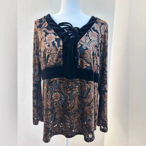 Vintage Black Printed Velvet and Lace Lace Up Blouse